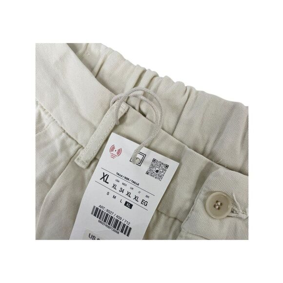 Zara Mens Pants XL Cream Ecru Relaxed Fit Pleated Cotton 8527/409 NWT - Picture 4 of 11